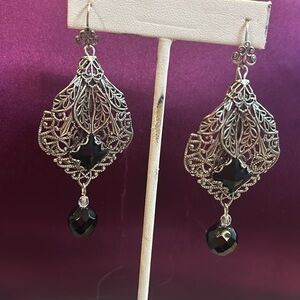 Antiqued Silver Filigree Leaf with Jet Black Crystal Earrings-Boutique